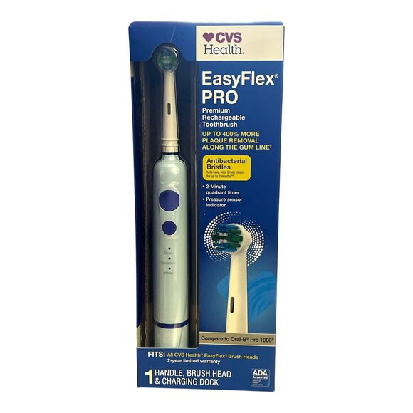 CVS Easy Flex Pro Premium Rechargeable Toothbrush Timer Antibacterial Bristles - Picture 1 of 4